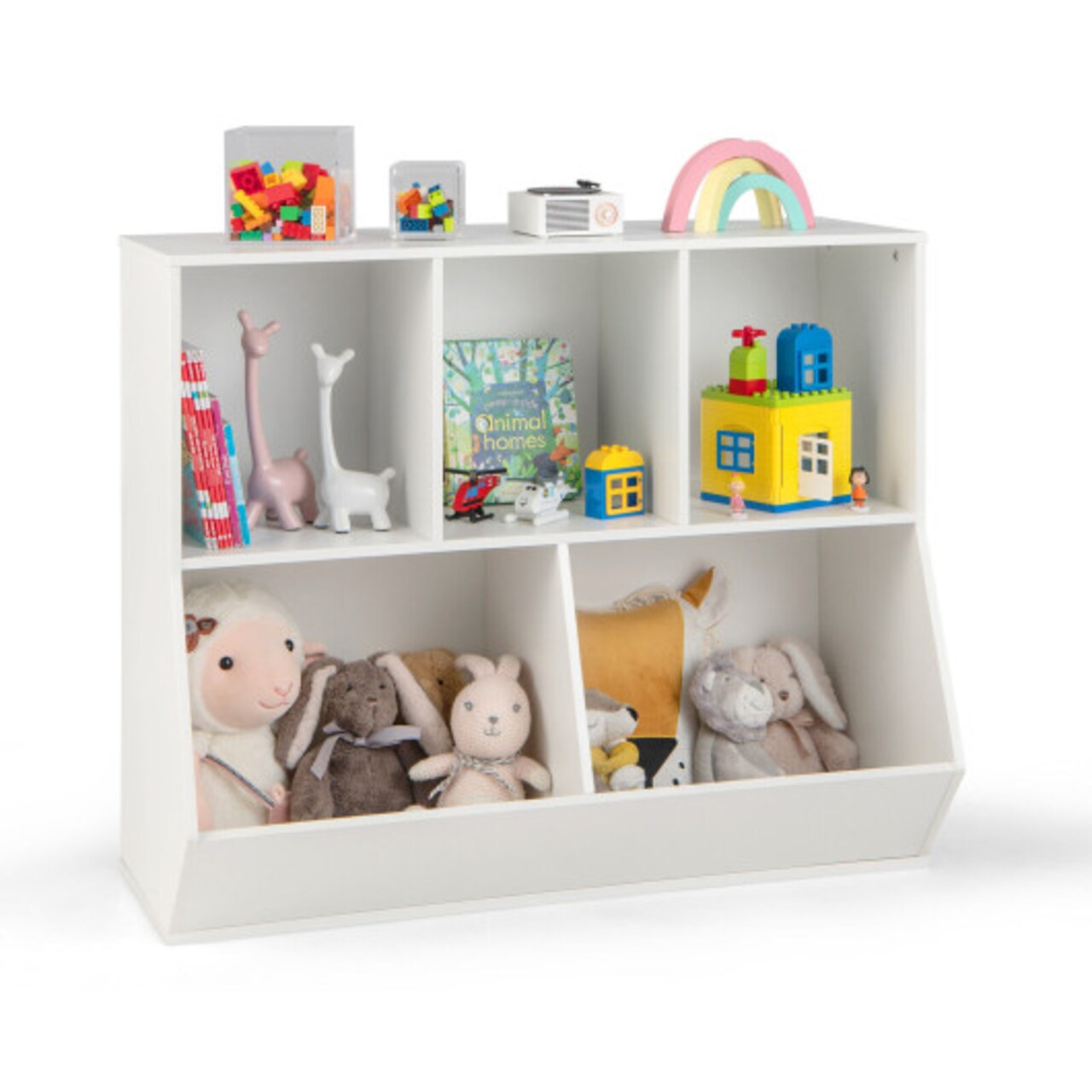 5-Cube Wooden Kids Bookshelf Organizer with 3 Upper Cubes for Books and 2 Large Cubes for Toys